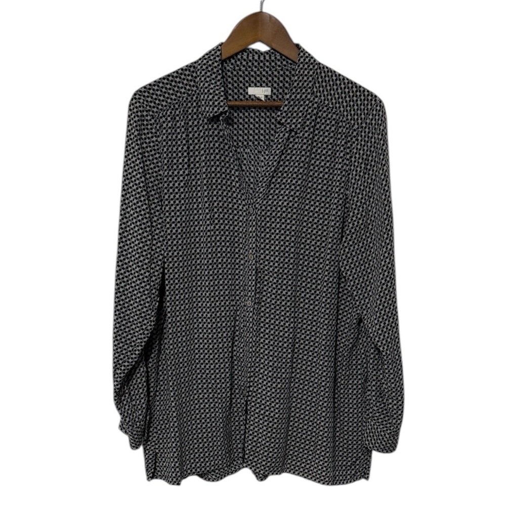 J. Jill Button Up V Neck Long Sleeve Blouse Geometric Abstract Printed Grey XL
